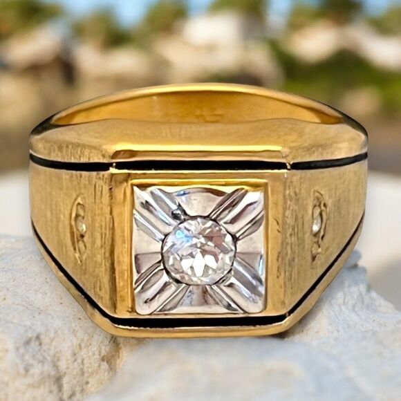 Vintage Uncas Ring Size 7 14K Gold Plate Cubic Zirconia Mid-Century Gent's 14O